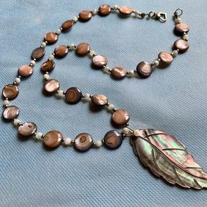 Mother of Pearl Leaf Dangle Necklace Earthy rustic